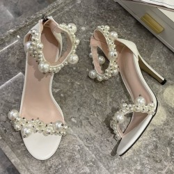 White Pearls Ankle Embellished High Stiletto Heels Shoes Sandals 