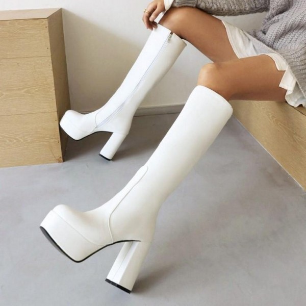 White Platforms Chunky Block Heels Long Thigh Knee Boots Shoes