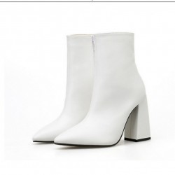White Pointed Head Ankle Chelsea High Block Heels Boots