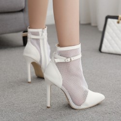 White Pointed Head Sheer Net High Stiletto Heels Shoes Boots