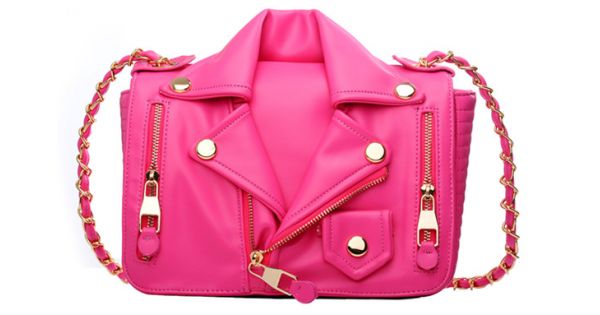 Pink Fushia Rider Biker Jacket Gold Chain Cross Body Flap Bag