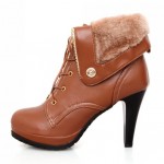 Brown Platforms Lace Up Woolen Flap Over High Heels Combat Boots Shoes