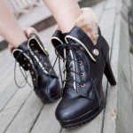 Black Platforms Lace Up Woolen Flap Over High Heels Combat Boots Shoes