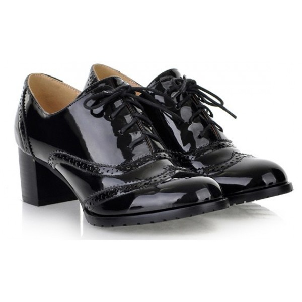 Black Patent Glossy Lace Up Vintage High Heels Oxfords Dress Shoes