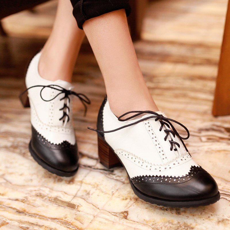temporary Melting throw away Black White Lace Up Vintage High Heels Oxfords Dress Shoes