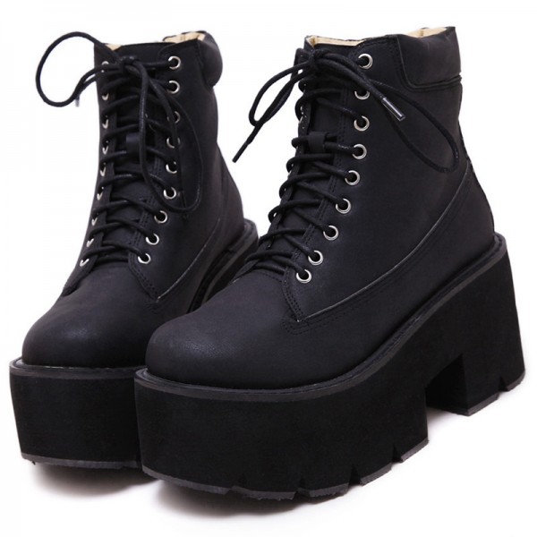 Black Thick Sole Lace Up Ankle Punk Rock Boots