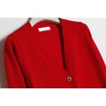 Red Cropped Mid Long Sleeves Jewellery Fancy Buttons Cardigan Outer Jacket