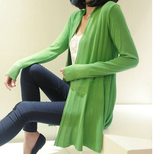 Green Lime Long Sleeves Knit Thin Cardigan Outer Jacket