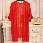 Red Crochet Lace Mid Flounce Sleeves Long Cardigan Sweater Outer Jacket