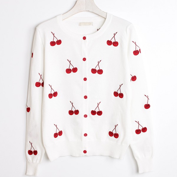 White Red Embroidery Cherry Long Sleeves Cardigan Outer Jacket