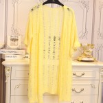 Yellow Crochet Lace Mid Flounce Sleeves Long Cardigan Sweater Outer Jacket