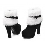 Black White Suede Ankle Fur Bow Platforms High Heels Boots