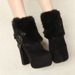 Black Ankle Fur Buckle Platforms High Heels Boots