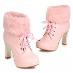 Pink Ankle Fur Lace Up Platforms High Heels Boots Bootie