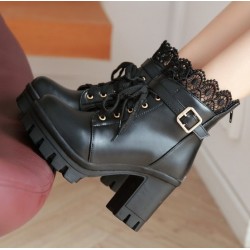 Black Crochet Ankle Lace Up Platforms High Heels Boots Bootie