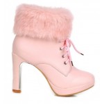 Pink Ankle Fur Lace Up Platforms High Heels Boots Bootie