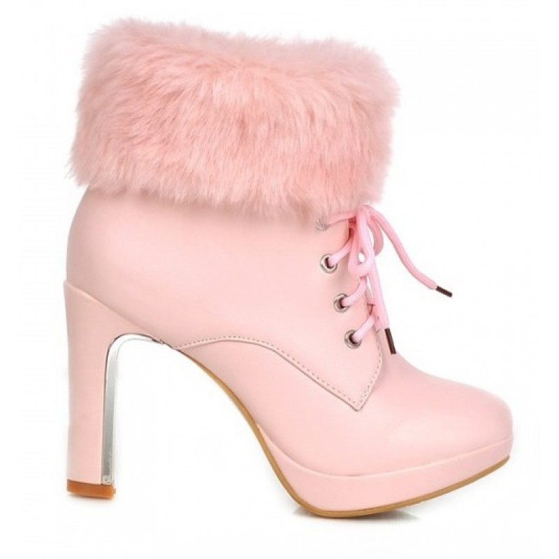 tribe Get injured Systematically Pink Ankle Fur Lace Up Platforms High Heels Boots Bootie