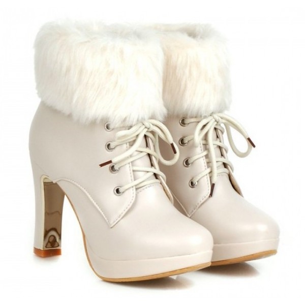 White Ankle Fur Lace Up Platforms High Heels Boots Bootie