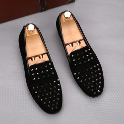 Black Suede Silver  Spikes Punk Rock Mens Loafers Flats Shoes