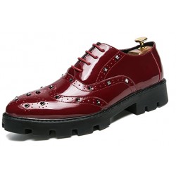 Burgundy Glossy Patent Cleated Sole Lace Up Oxfords Flats Dress Shoes
