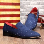 Blue Navy Suede Gold Studs Dapper Man Oxfords Loafers Dress Shoes