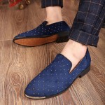 Blue Navy Suede Gold Studs Dapper Man Oxfords Loafers Dress Shoes