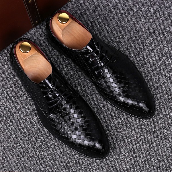 Black Knitted Leather Pointed Head Lace Up Oxfords Dress Shoes