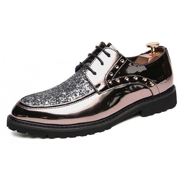 Silver Glossy Metallic Studs Glitters Spikes Lace Up Oxfords Dress Shoes