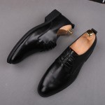 Black Leather Pointed Head Lace Up Business Oxfords Dress Shoes