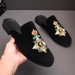 Black Embroidered Crown Mens Formal Slip On Flats Sandals Loafers