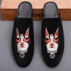 Black Embroidered Cat Mens Formal Slip On Flats Sandals Loafers