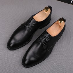Black Leather Pointed Head Lace Up Business Oxfords Dress Shoes