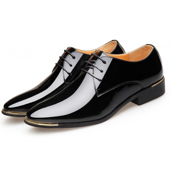 Black Patent Glossy Pointed Head Lace Up Oxfords Dress Shoes