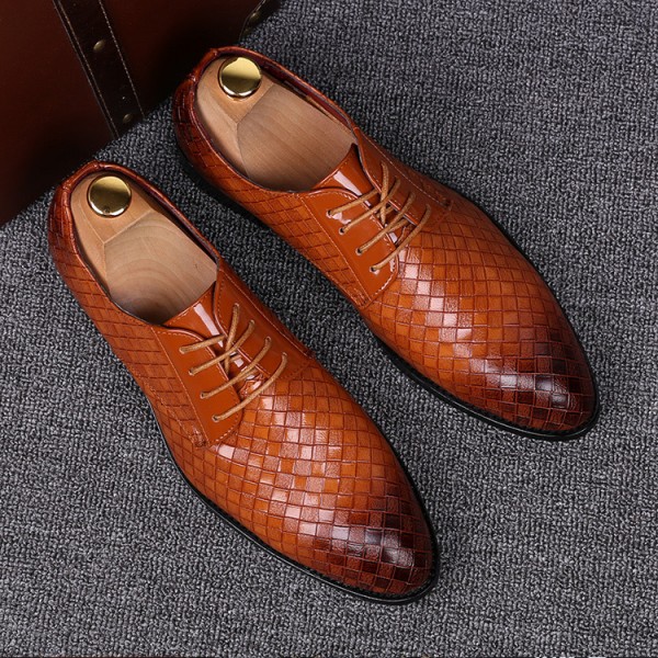Brown Knitted Leather Pointed Head Lace Up Oxfords Dress Shoes