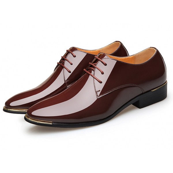 Brown Patent Glossy Pointed Head Lace Up Oxfords Dress Shoes