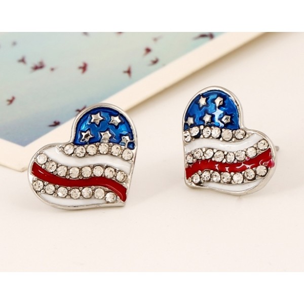 Red Blue USA Flag Diamante Heart Earrings Ear Pins