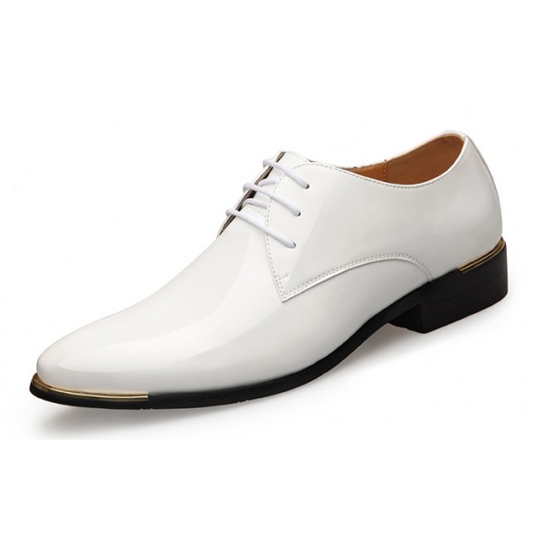 White Patent Glossy Pointed Head Lace Up Oxfords Dress Shoes