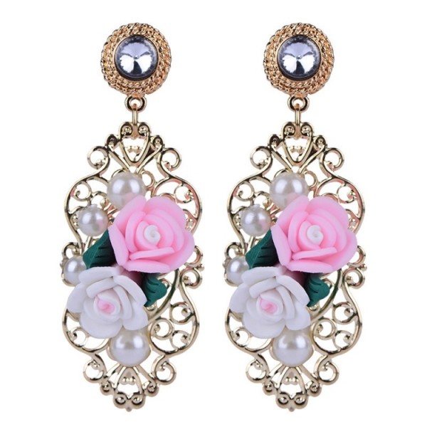 Gold Flowers Roses Pearls Rhinestones Baroque Fancy Earrings Ear Drops