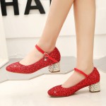 Red Glittering Bling Bling Strap Ballets Mary Jane Bridal Block High Heels Shoes
