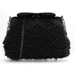 Black Pearls Beads Bow Vintage Bridal Glamorous Evening Clutch Purse 