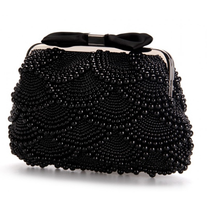 Black Pearls Beads Bow Vintage Bridal Glamorous Evening Clutch Purse