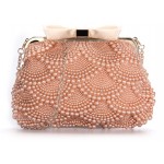 Pink Pearls Satin Bow Vintage Bridal Glamorous Evening Clutch Purse 