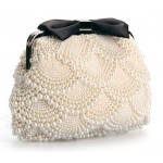 White Cream Pearls Black Bow Vintage Bridal Glamorous Evening Clutch Purse 