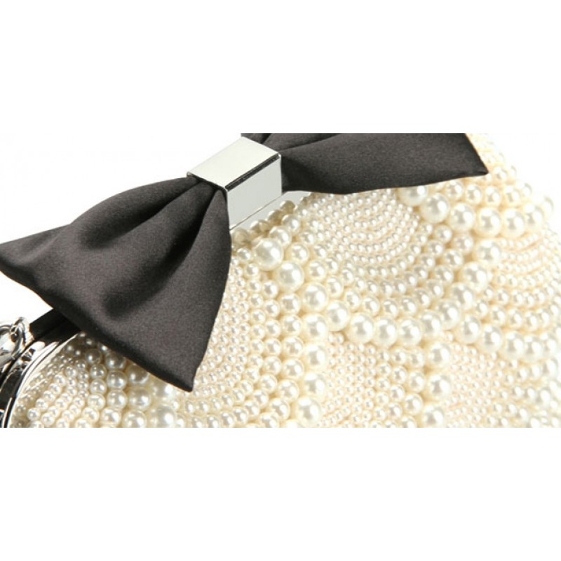 Black Pearls Beads Bow Vintage Bridal Glamorous Evening Clutch Purse