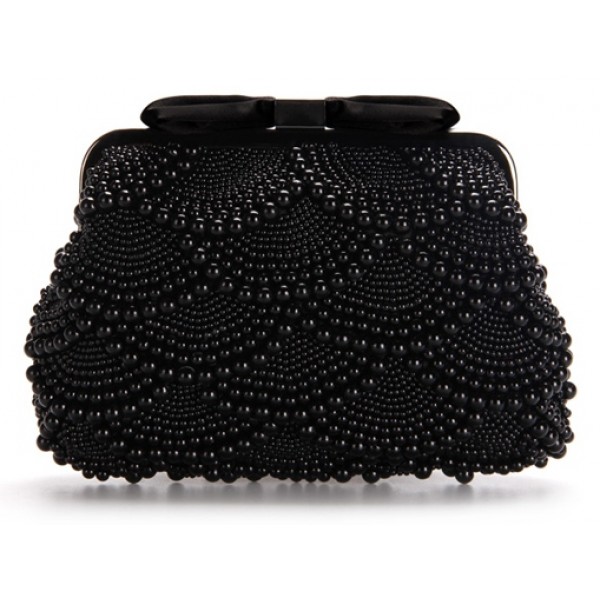 Black Pearls Beads Bow Vintage Bridal Glamorous Evening Clutch Purse 
