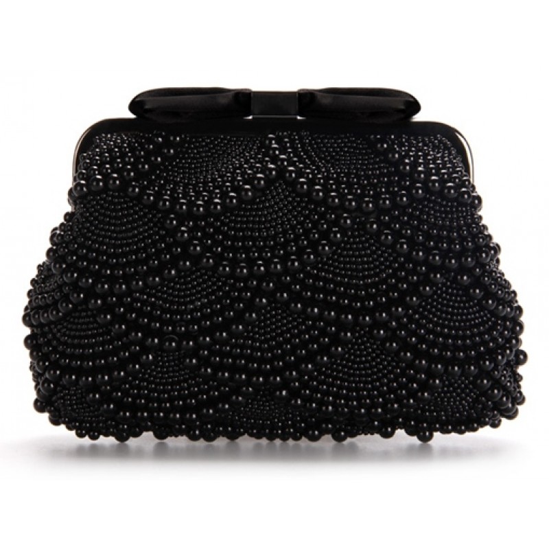 Black Pearls Beads Bow Vintage Bridal Glamorous Evening Clutch