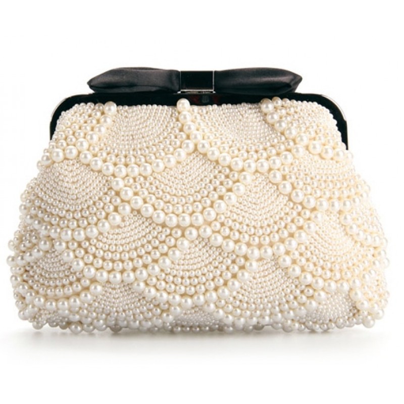 Women Pearl Evening Bag Bride Beaded Clutch Purse Cream White For Wedding  Party