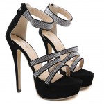 Black Diamantes Platforms Stiletto High Heels Sandals Shoes 