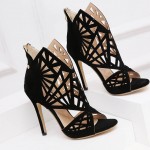 Black Suede T Strap Mary Jane Hollow Cut Out High Heels Stiletto Peep Toe Sandals Shoes 