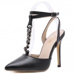 Black T Metal Chain Strap Pointed Head High Heels Sandals Shoes 